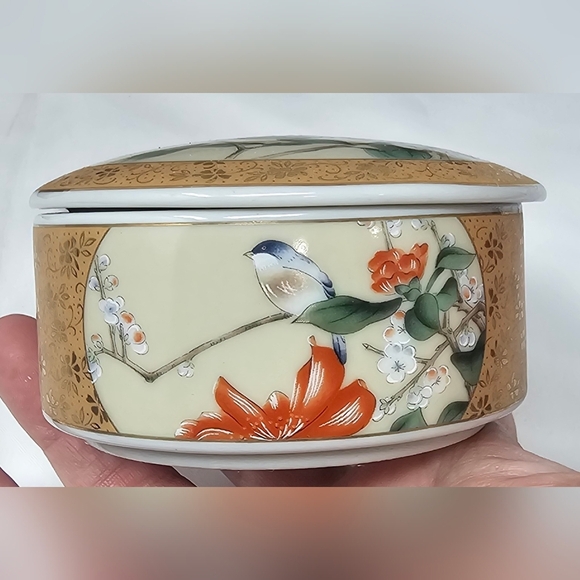 Vintage Porcelain Trinket Jewelry Box with Birds & Flowers Gold 3.5” Japan - Picture 2 of 15
